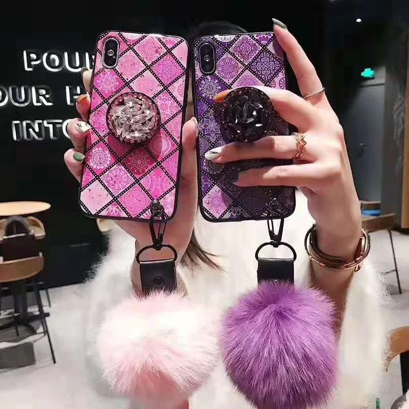 

For iPhone Plastic Epoxy Flower Case Soft Silicone Glosy Cover With Ring HolderPompon