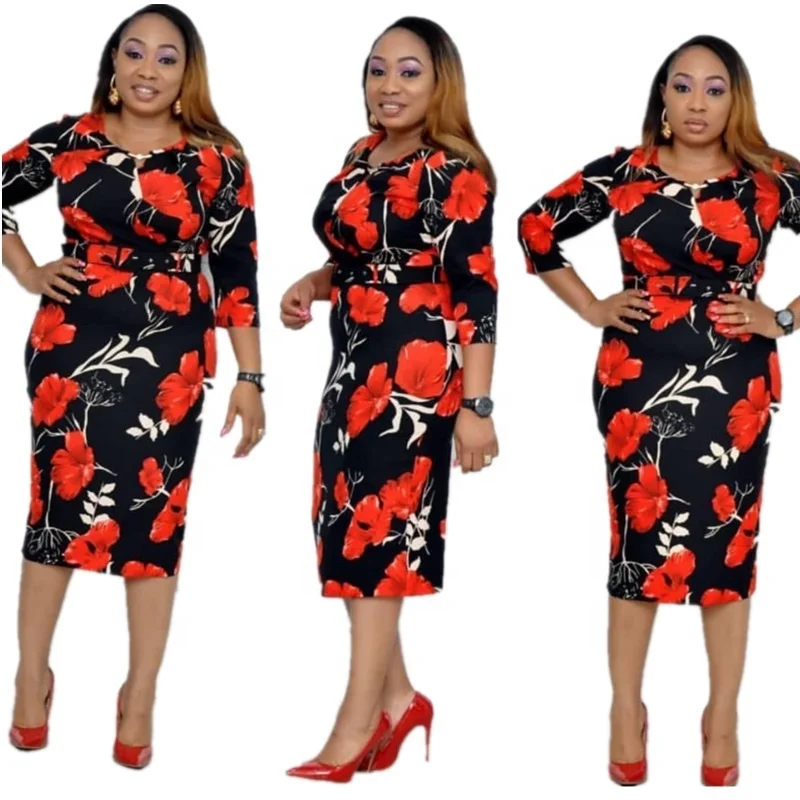 Wholesale Floral Print Plus Size O Neck Half Sleeve Africa Casual Midi Dresses For Women