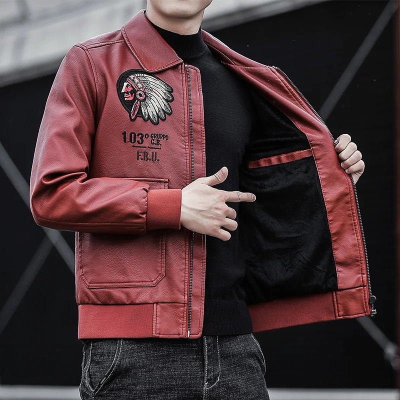 

Autumn and Winter Embroidered Motorcycle Clothing Men's Baseball Jacket Leather PU Jacket Coat