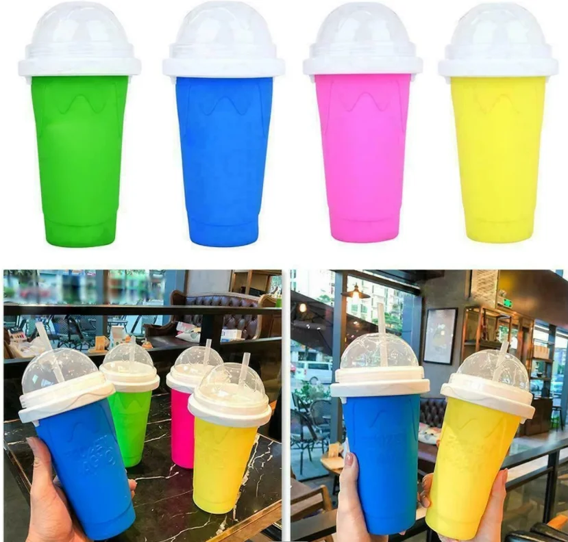 

Food Grade Silicone Four Color Slushy Maker Squeeze Summer Juice Ice Cream Smoothie cup Frozen Magic Cup with Lid