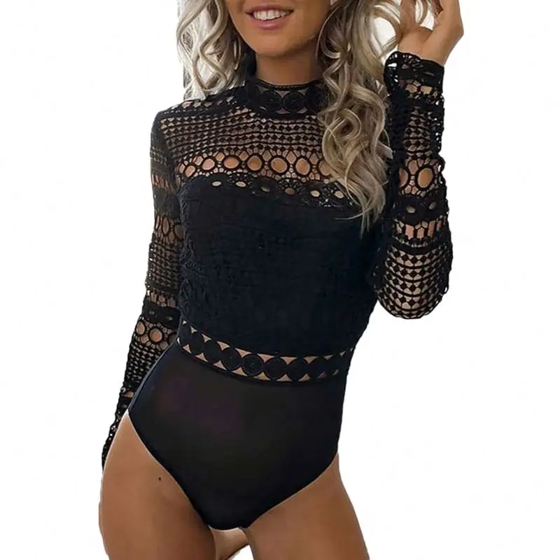 

Women Sexy Patchwork Hollow Out High Neck Long Sleeve Lace Bodysuit