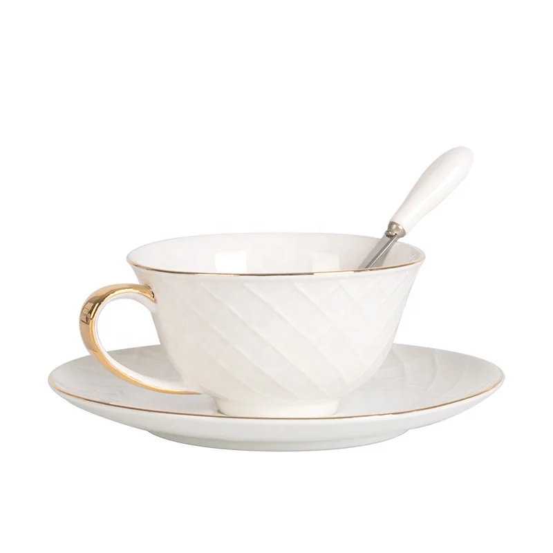 

Modern porcelain coffee cup bone china gold rim cup tea cup spoon and saucer, Full decal