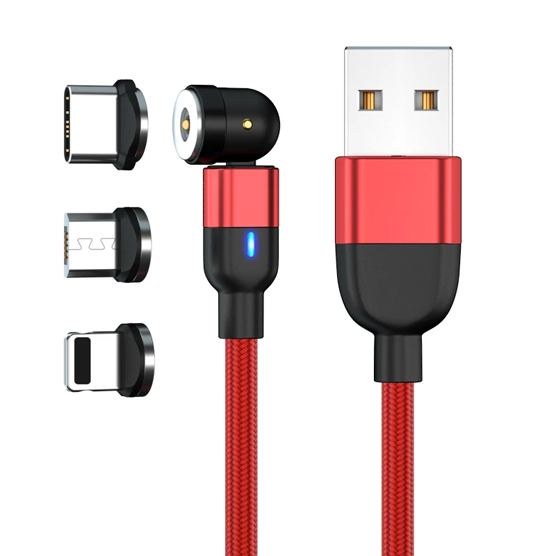 

3.3ft/6.6ft New 3 in 1 Rotate 540 degree Magnetic usb Cable L shape Magnet Charger for Micro IOS USB C, Black red purple