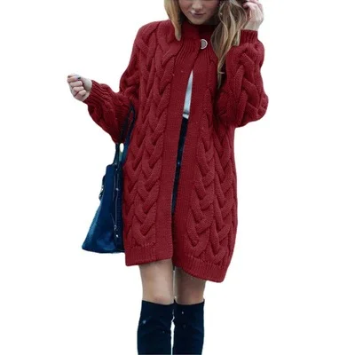 

factory wholesale Christmas Solid color cable knit maxi cardigan party women loose long plus size thick sweater coat