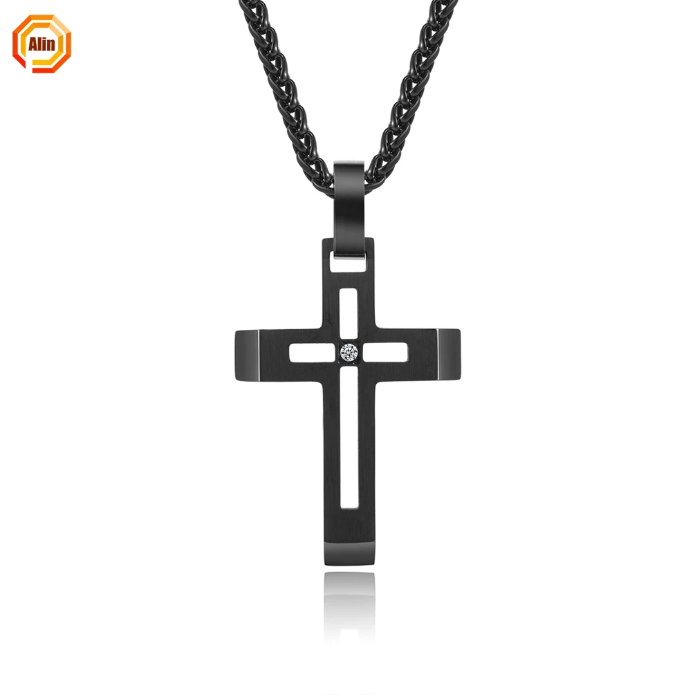 

2021 stainless steel 316L carbon fiber inlay zircon elegant cross necklace hollow black necklace for men