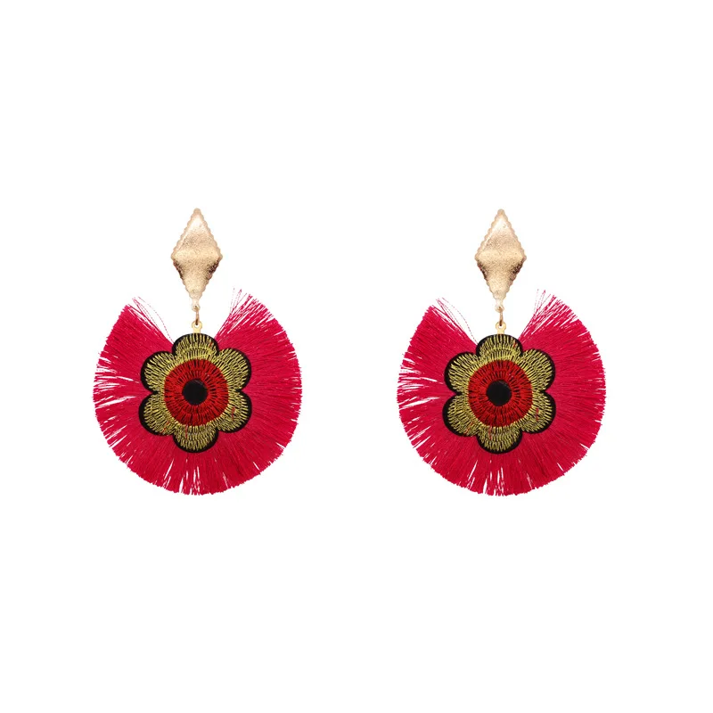 

2020 New Arrival Boho Ethnic Retro Embroidery Flower Geometric Fan Shape Bohemian Silk Tassel Drop Earrings For Holiday