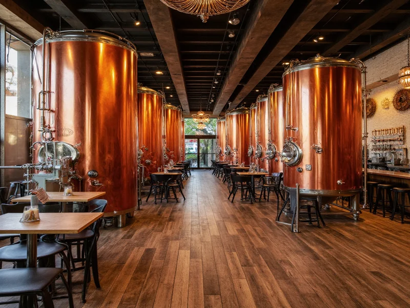 Craft 64 Scottsdale brewery interior with copper brewing tanks visible