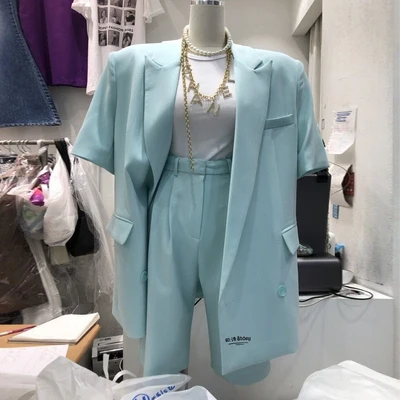 

2021 Female Summer Blazer New Korean Version of Loose Net Red Thin Short-sleeve Suit Jacket Shorts Two-piece Suit, Black,sky blue