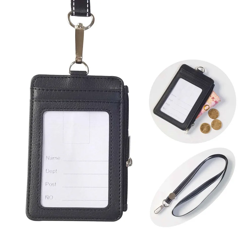 

Wholesale hot sell on Amazon Vertical Style PU Leather Business Id Credit Card Badge Holder With Lanyard, Black