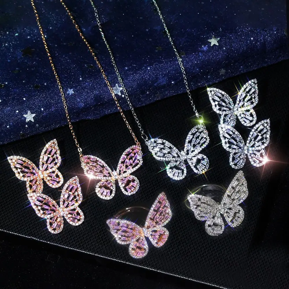 

European New Arrival Cubic Zirconia Hollow Butterfly Necklace Jewelry Set Crystal Cz Butterfly Pendant Necklace Earrings Rings S, As picture show