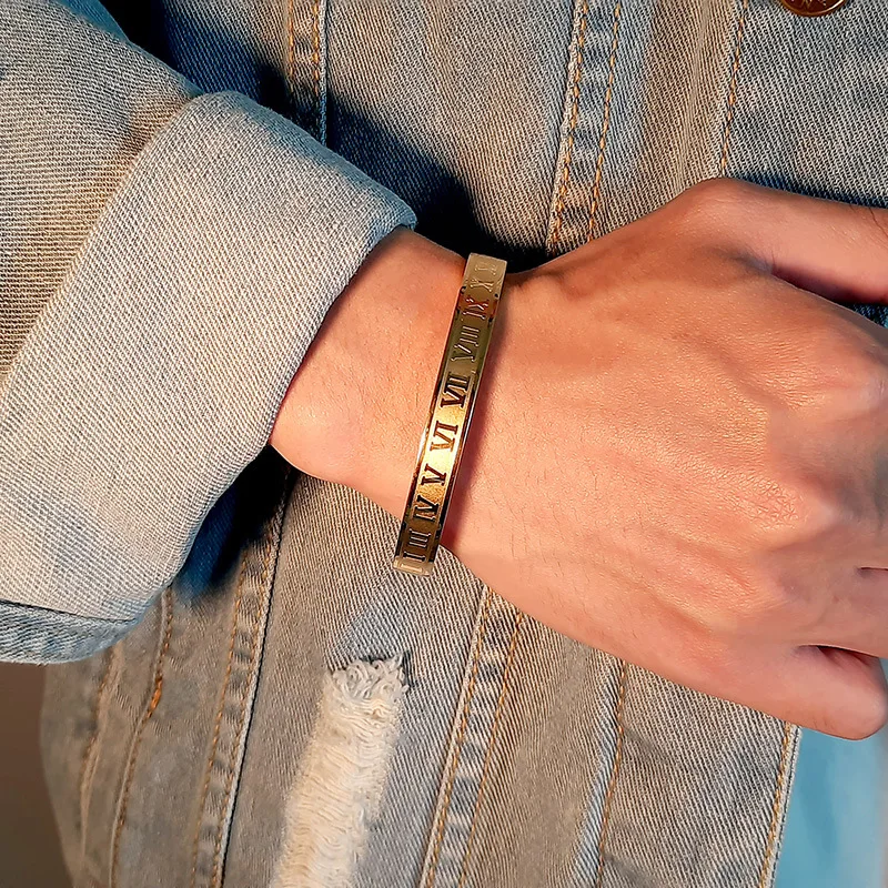 

RFJEWEL Whosesale High quality 316L stainless steel ROMAN number pattern bracelet bangle for men