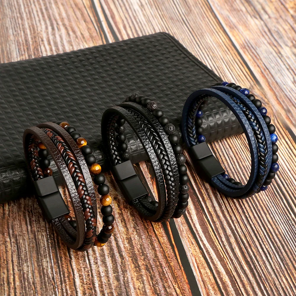 Hot Sale Fashion Jewelry Leather Stainless Steel Bangle Woven Tiger Eye Natural Stone Alloy Mens Bead Bracelet