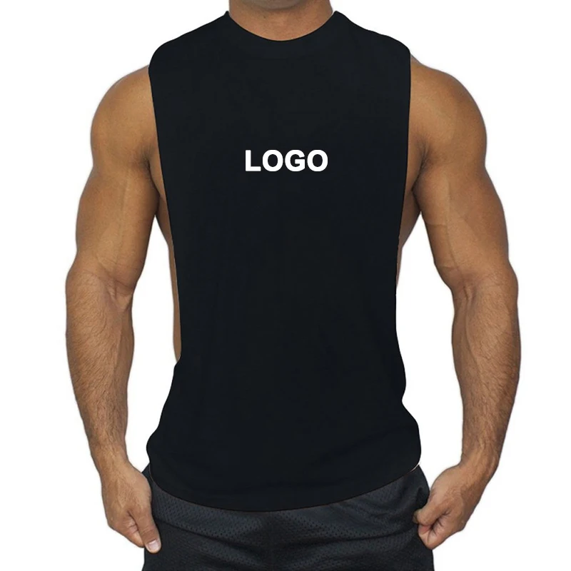 

Men gym sleeveless tshirt low cut cotton plus size black bodybuilding muscle shirts singlet workout men's fitness tank tops, Black, white, blue, red, multi color optional or customized