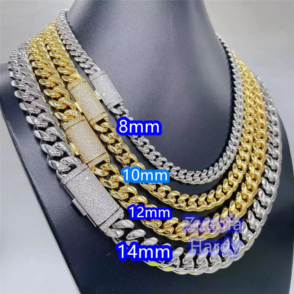 

Wholesale 8mm 10mm 12mm 14mm 18mm Iced Out Moissanite Clasp Hiphop Miami Cuban Link Chain Stainless Steel Cuban Link Necklace
