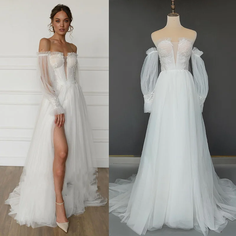 

10452#Ivory Sexy Strapless Backless A-Line Boho Princess Satin High Slit Sweep Train Lace Wedding Dress Wedding Bridal Gown