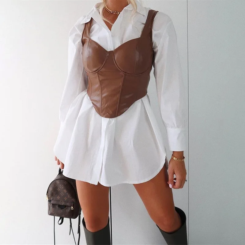 

women casual single breasted white dress long sleeve slim turn down collar solid color shirt dress suit 2021 spring clothing