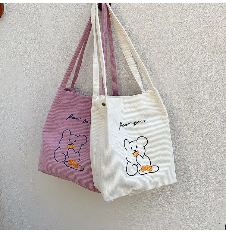 

Custom embroidery kit logo female shoulder portable canvas cute design tote bag for embroidery bulk bags korean teddy with bear, Natural color blank cotton bags