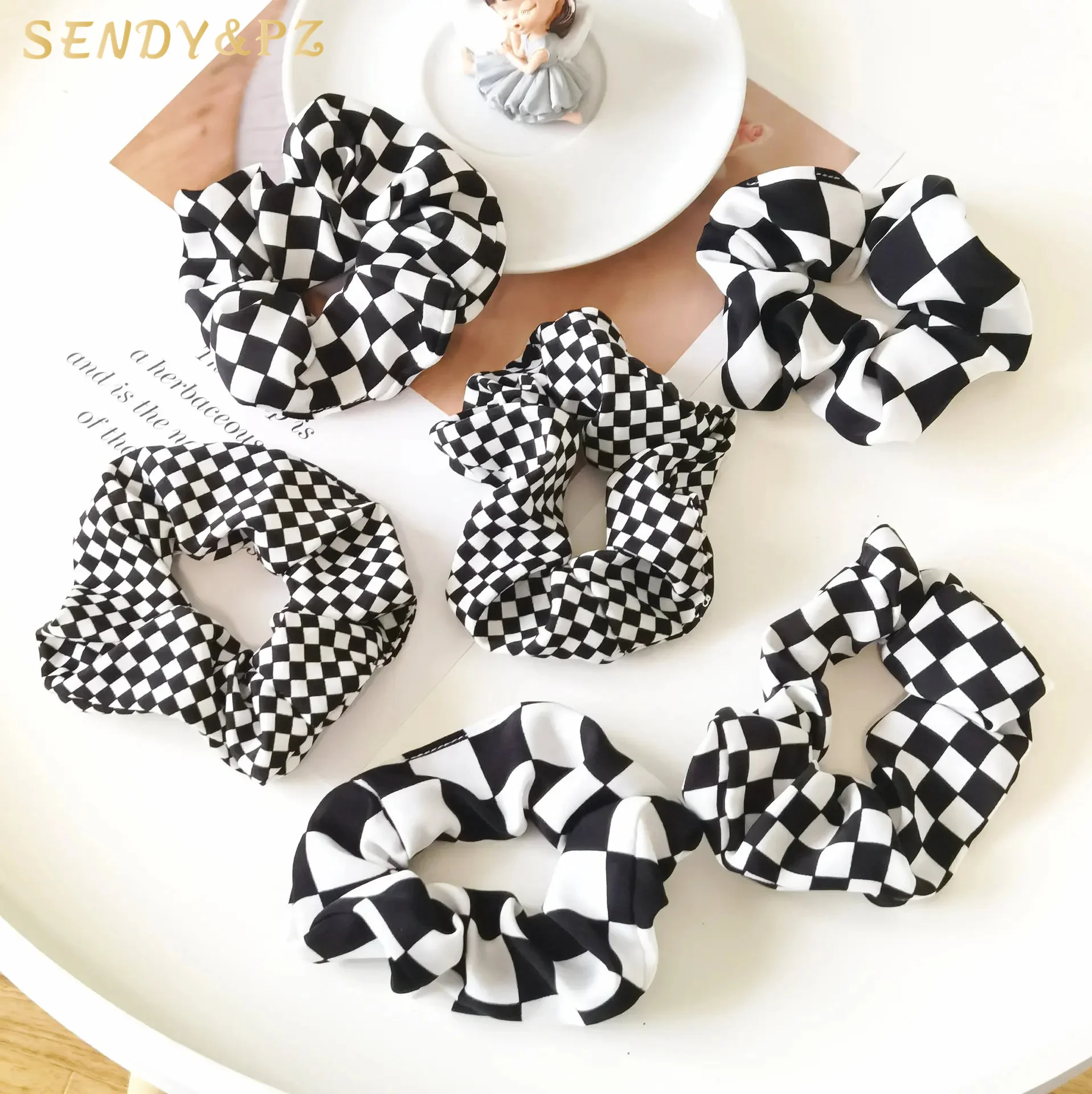 

Fabric Handmade Ponytail Holder Scrunchy Hair Band Hair Scrunchies Black White Chessboard Modern Stylish Women Scrunchies