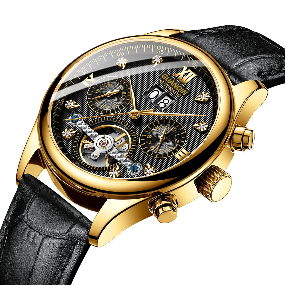 

2019 GUANQIN Men Business Automatic Mechanical Watch Waterproof Wrist Watches with leather strap