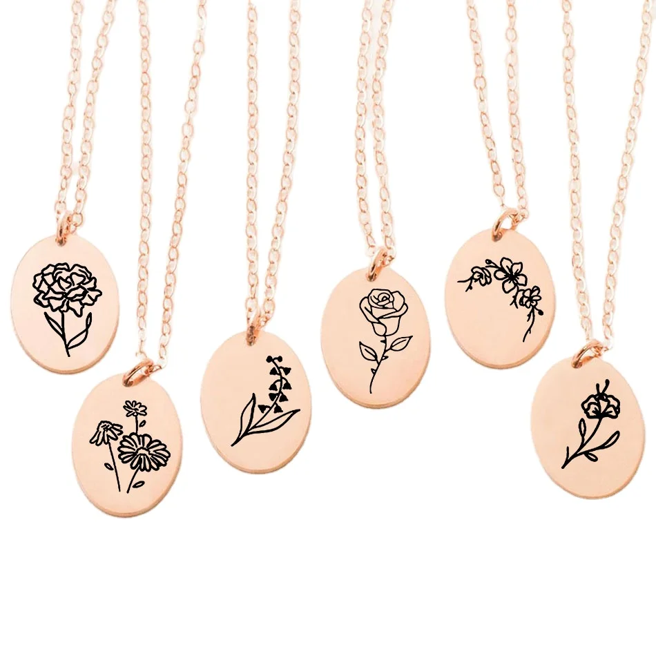 

Rose Flower Necklace Gold Plated 14K Stainless Steel Necklaces For Women Men Engraved Lotus Plant Steel Chain Oval Chokers