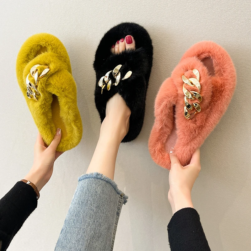 

Factory Wholesale Women's Colorful Cross Bands Furry Slippers Fashion Candy Color Cute Bedroom Slipper With Chain Decoration