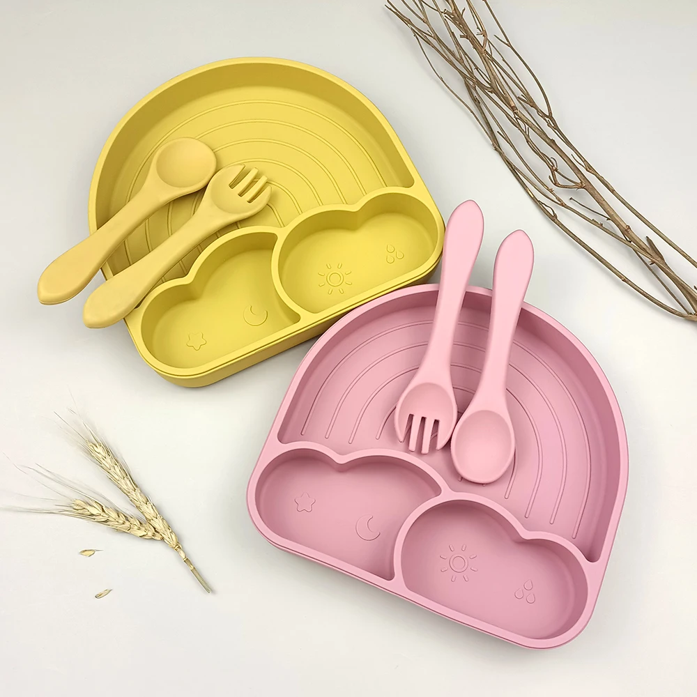 

RTS Food Grade Baby Silicone Plate Feeding Set With Spoon And Fork Kit Bebe Plato BPA Free Microwave Dishwasher Safe
