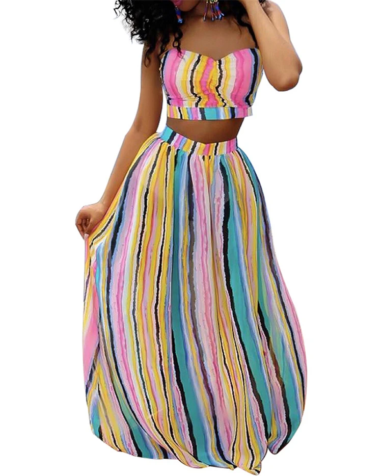 

Women apparel summer stripe maxi dress crop top and skirt set