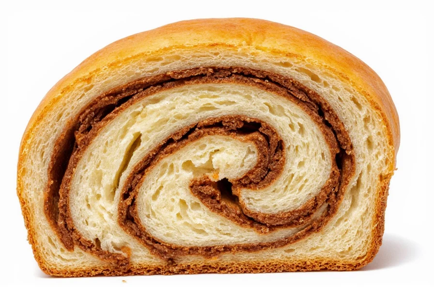 Cross-section of perfectly baked cinnamon swirl bread showing even distribution of cinnamon layers