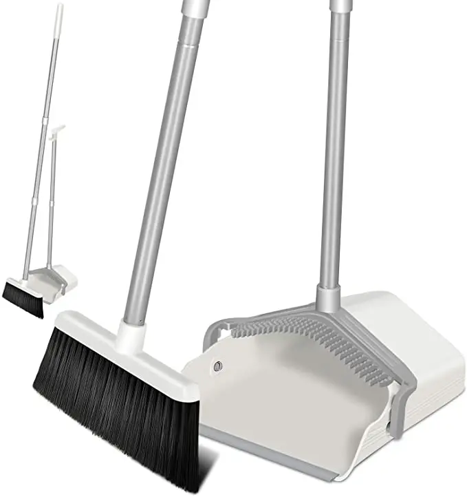 

Adjustable Long Handle Dustpan Teeth Upright Dust Pan Broom Home Kitchen Office Cleaning Broom and Dustpan Set, Grey