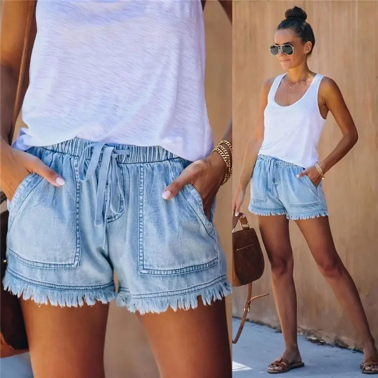 

MOEN New Style Summer Casual Washed Light Blue Denim Pants Women Drawstring Pockets Tassel Edge Short Jeans
