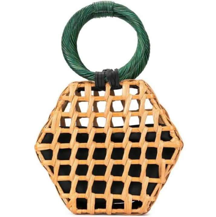 

Customized Geometric Frame Design Rattan Braided Lady Wrist Bag With Black Inner, Camel