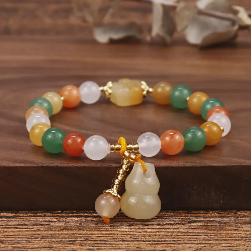 

Dainty Colored Jade Charm Beads Bracelet 8mm Natural Stone Jade Beads Calabash Bracelet