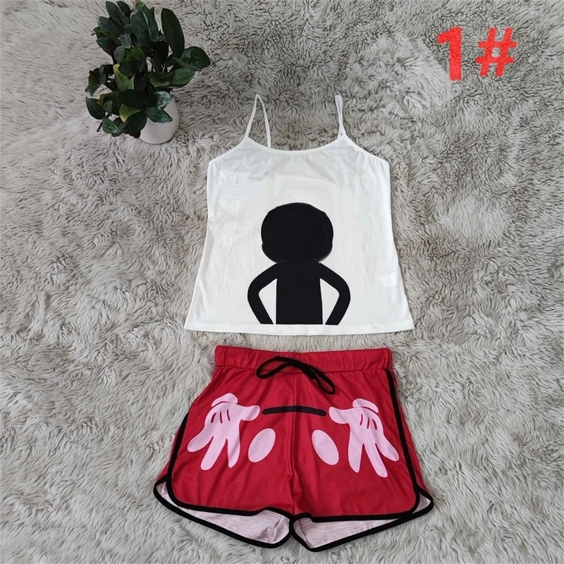 

Womens Designer Sexy Cartoon Print Pajamas Two Piece Yoga Outfits Summer Suspender Shorts Set