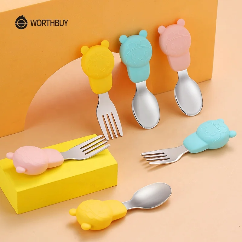 

WORTHBUY Carton Pilot Tableware For Kids 18/8 Stainless Steel Spoon Fork Dinnerware Set With Silicone Handle Kitchen Dinner Set, Pink, yellow, blue