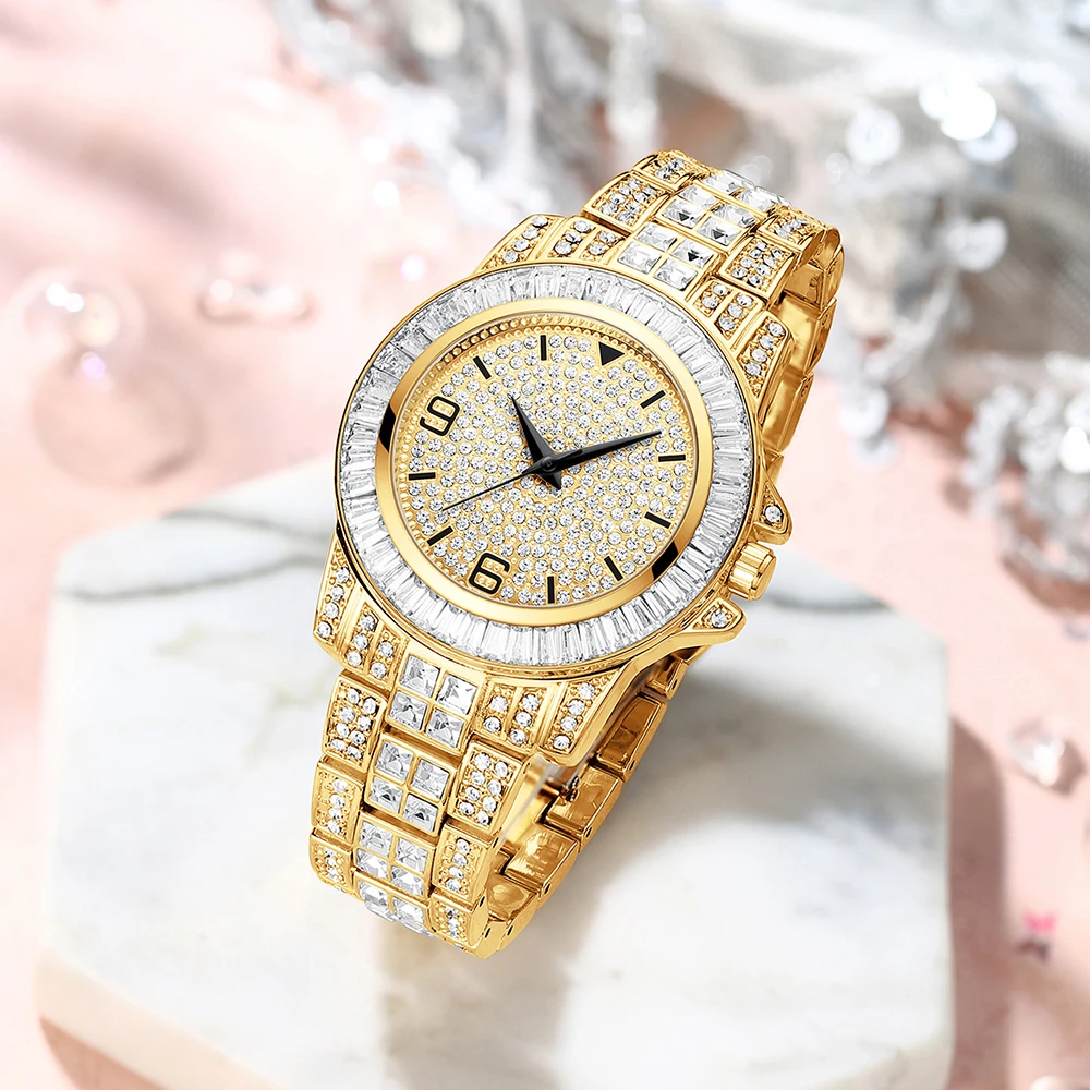 

New Luxury Womens Golden Full Diamonds Japanese Movement Starry Waterproof High End Brand Custom OEM Design For Ladies Watches