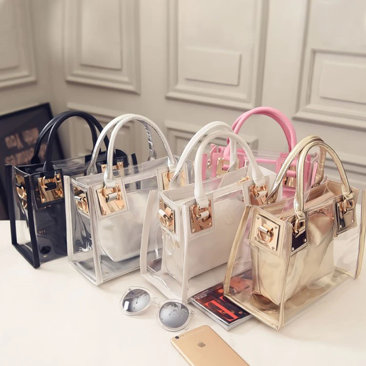 

2021 Luxury Large Ziplock Tote Clear Purses Women Handbags with Makeup Bag Fashion Shoulder Transparent PVC Jelly Bags Set
