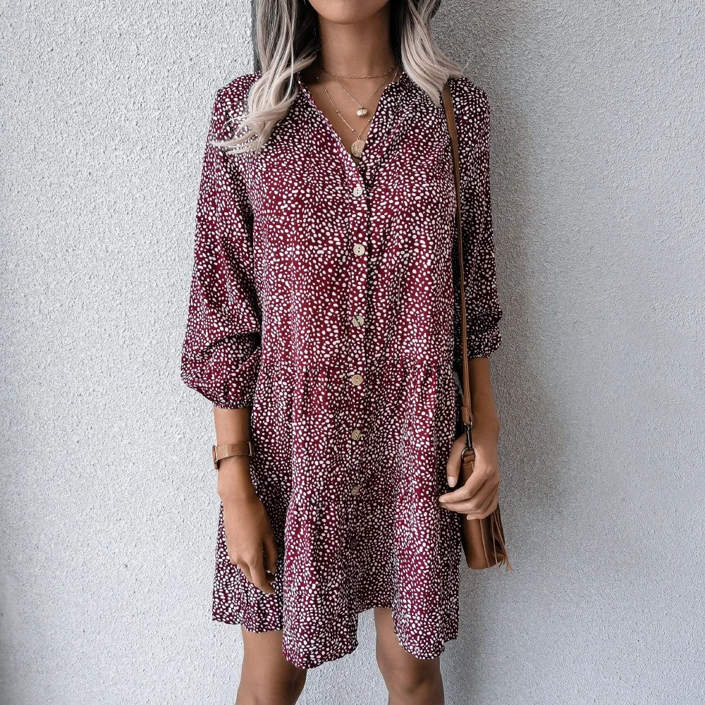 

Autumn new casual nine-point dress loose polka dot stand collar mid-waist chiffon shirt dress