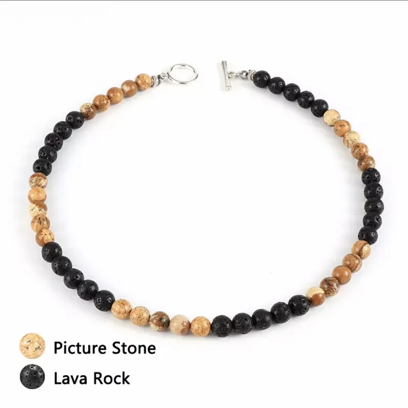 

Fashion Men Jewelry 8MM Beaded Lava Stone Necklace Stainless Steel OT Buckle Natural Lapis Lazuli Stone Beads Men Necklace
