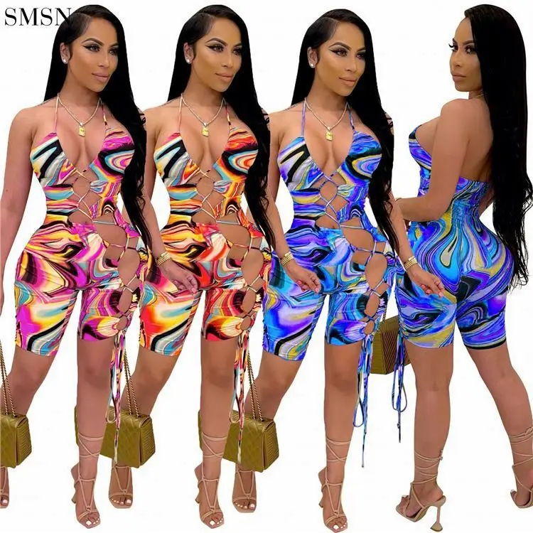 

Good Quality Halter Tie Dye Hollow Out Bandage Bodycon Jumpsuit Short Jumpsuit Women 2021