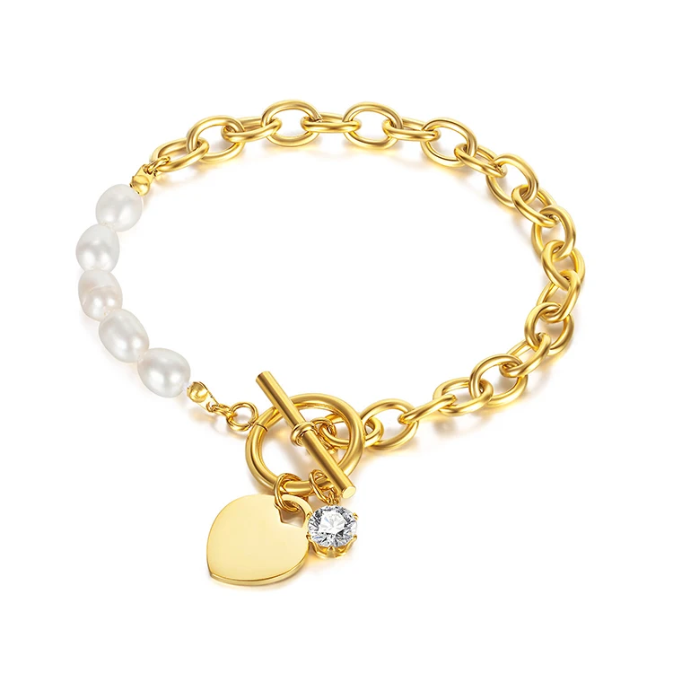 

Y034 PVD Gold Plated Jewelry Wholesale Freshwater Pearls Stainless Steel Heart Zircon OT Buckle Half Pearl Half Chain Bracelets