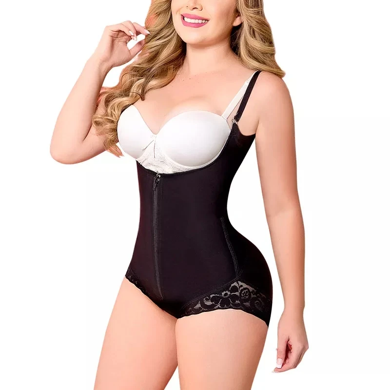 

Women Shapewear Skims Bodysuit Straps Tummy Control Waist Trainer Cincher Zipper Body Shaper Lace Fajas Reductoras Y Model, Black beige pink