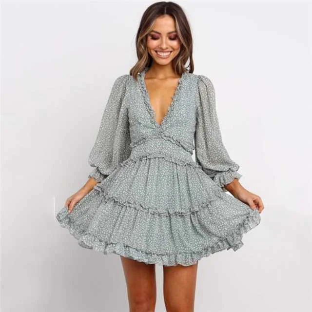 

New Ruffled V-neck Floral Long-sleeved Lady Plus Size Dress, Picture color