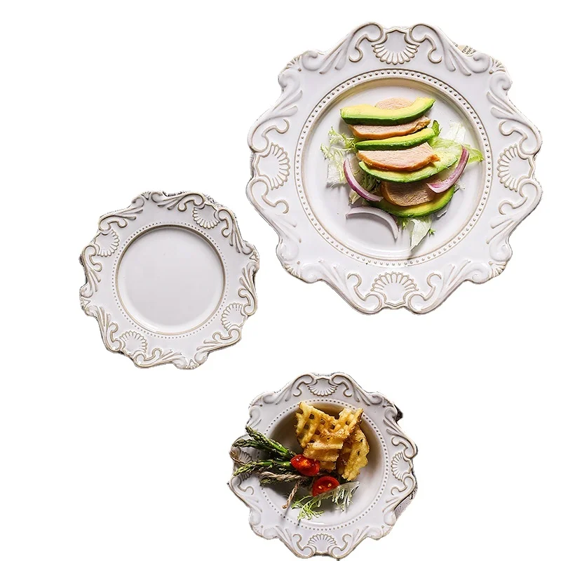 

Wholesale Europe Relief Design Ceramic Dinner Plates Set Baroco Style Dinnerware Sala Bowl, Blue and white or customized