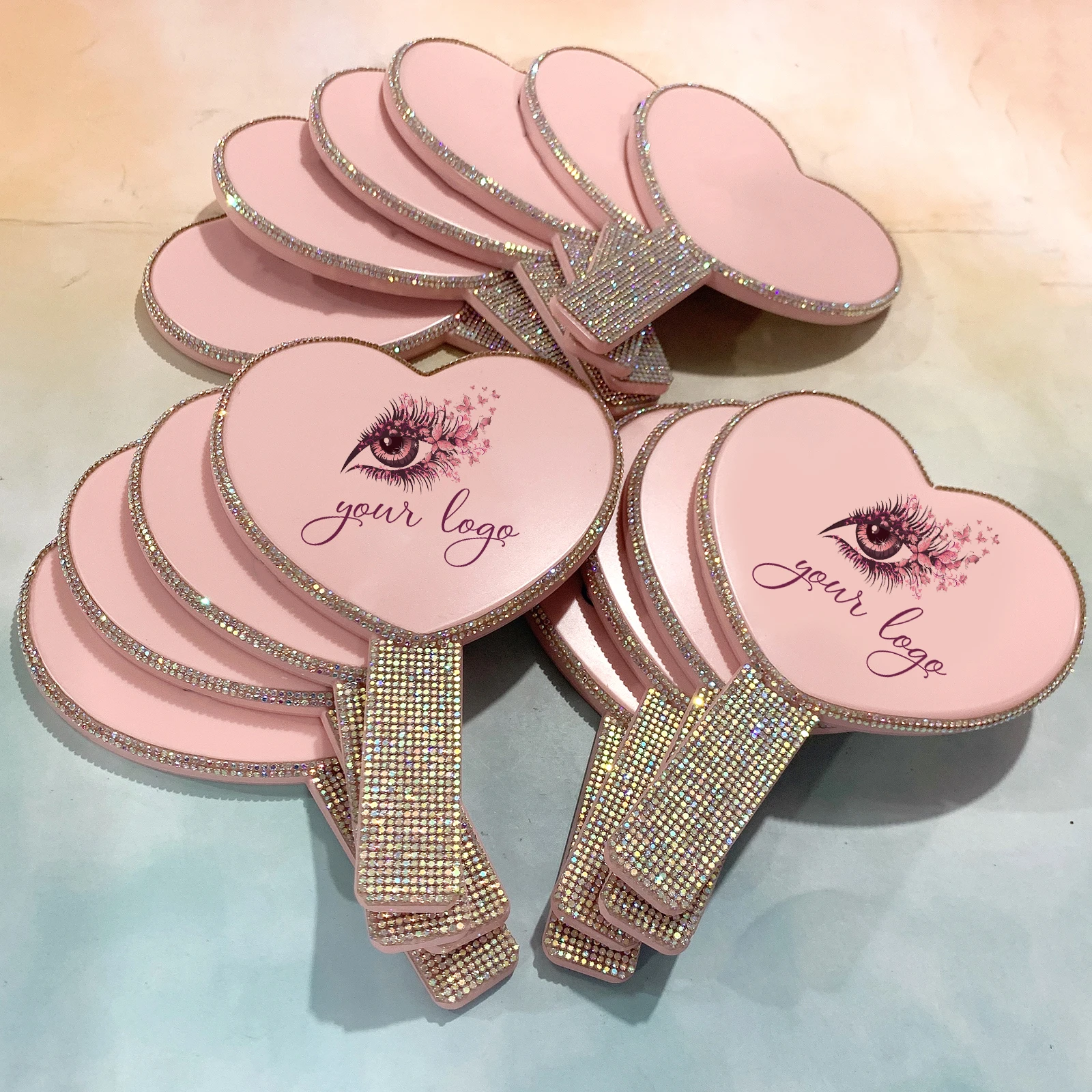 

customized logo single side hand makeup mirrors private label hand held heart shape cosmetic mirrors, Gold,rose gold,purple,blue,pink,white mirrors