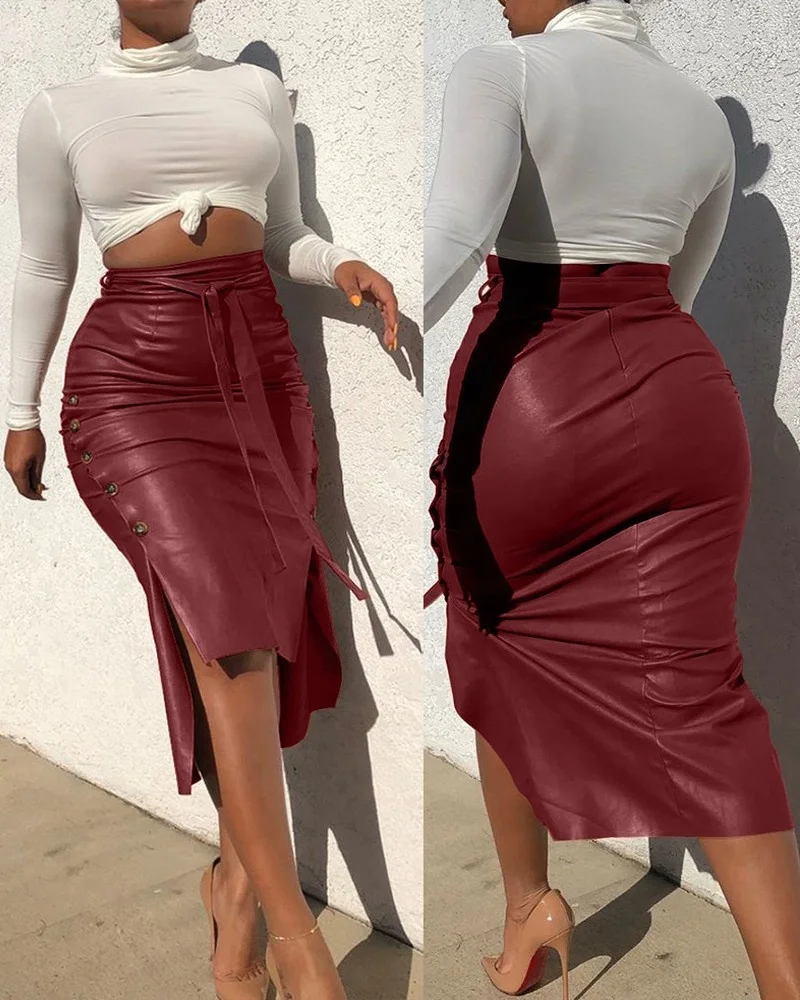 

Fashion women side split with button long black pu wrap pencil skirts belt for ladies leather skirt