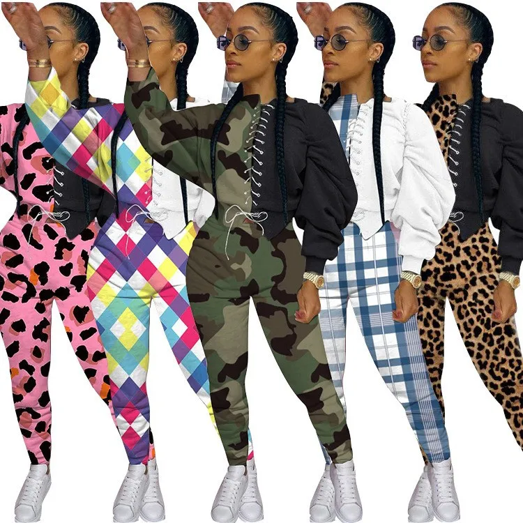 

Wholesale Lady 2 Pcs Print Bandage Long Sleeve Tops And Pants Plus Size Autumn Women Two Piece Set, Picture