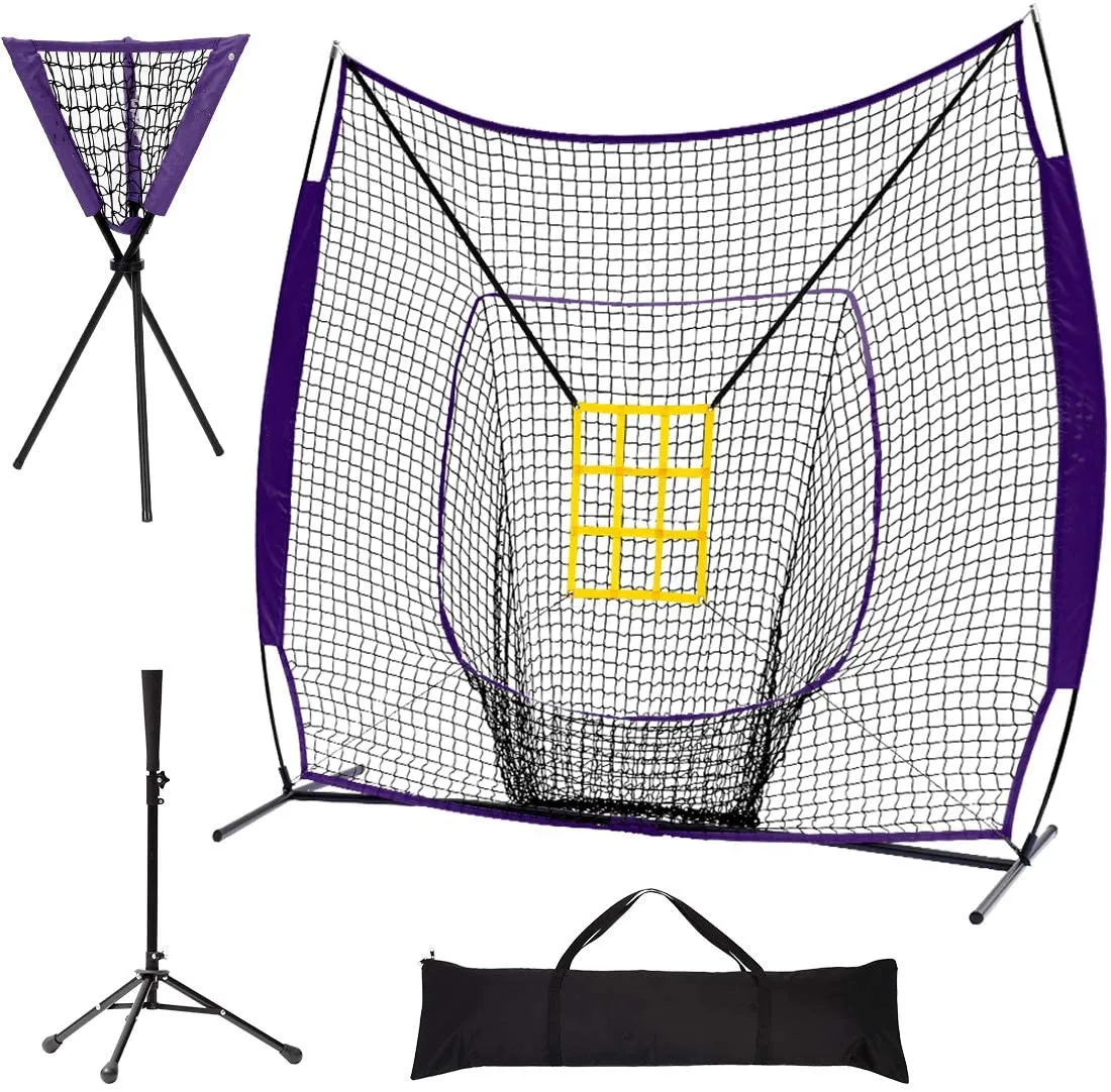 

7 by 7 Feet high quality baseball practice hitting net and ball caddy and batting tee set, Customized