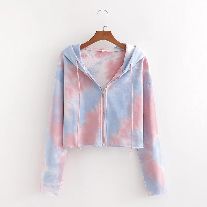 

Women's short tie-dye zipper hooded sweater tie dye crop top hoodie