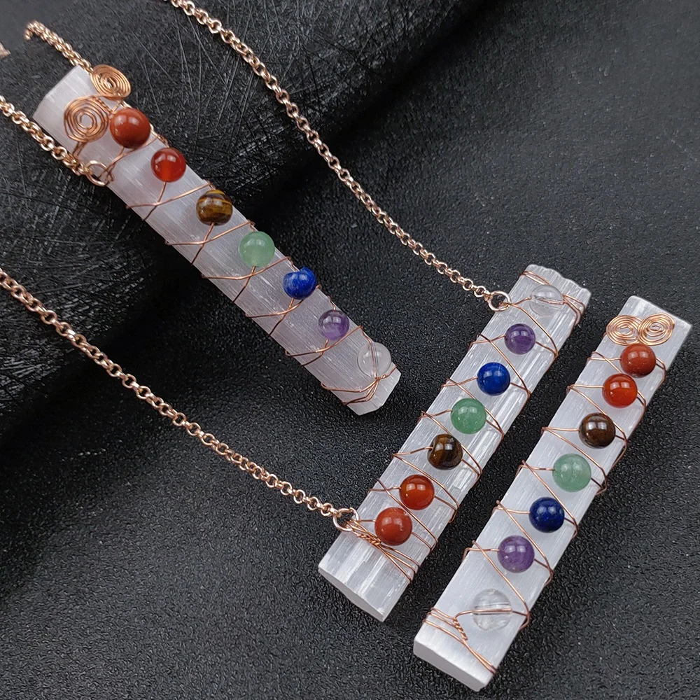 

Long Raw White Selenite Healing Crystal Pendant Chakra Necklace With Chakra Stones For Women