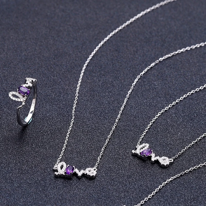 

Abiding Letter Love Necklace Bracelet Ring Natural Amethyst Stone 925 Sterling Silver Jewelry Sets For Women Valentine Gifts